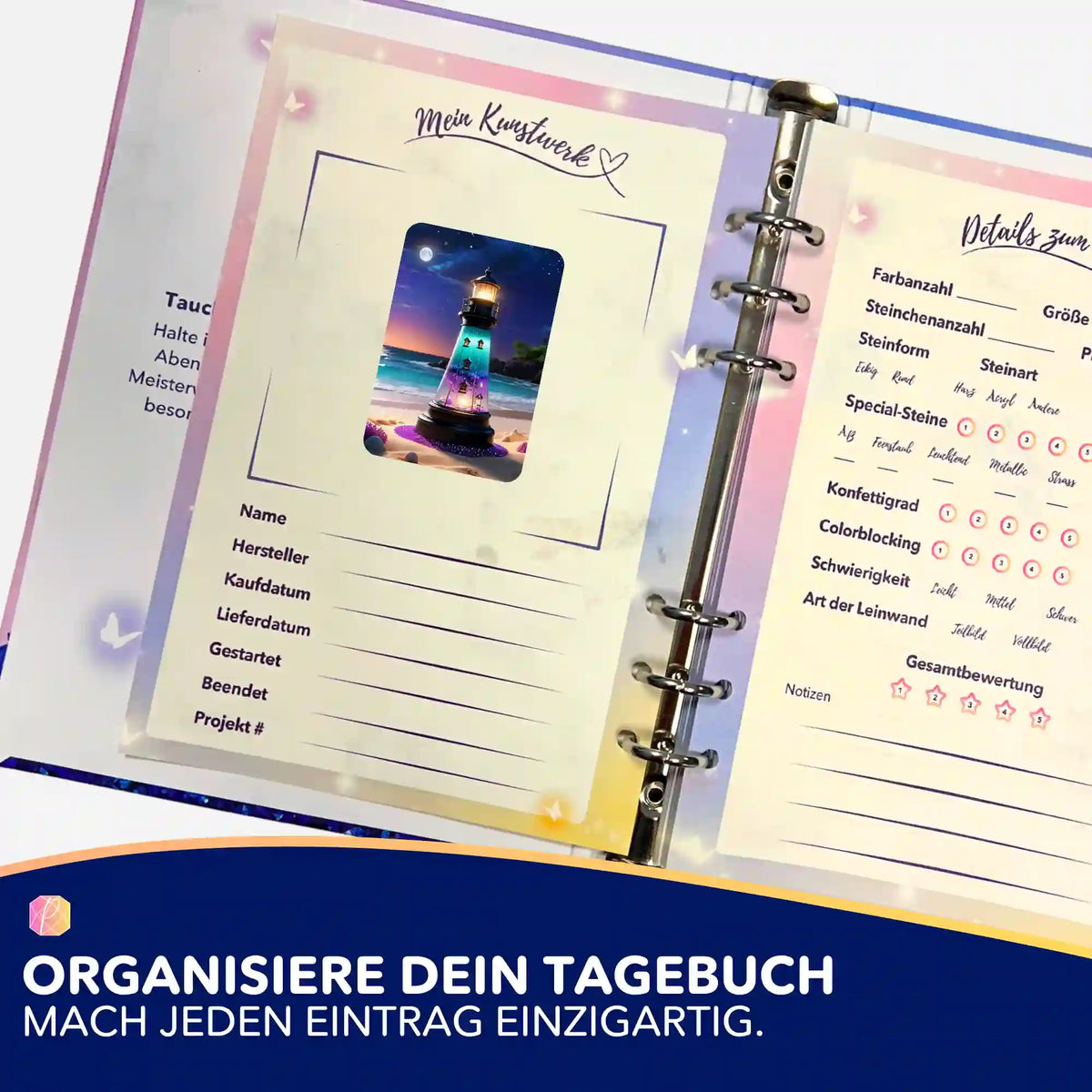Leuchtturm der Träume Aufkleber im Diamond Painting Tagebuch zur Organisation von DIY Bastelsets und Malen nach Zahlen
