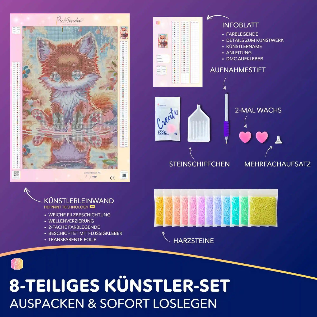 Diamond Painting Set eines niedlichen Fuchses mit Zubehör, Leinwand, bunten Harzsteinen und hochwertigem Künstler-Set.