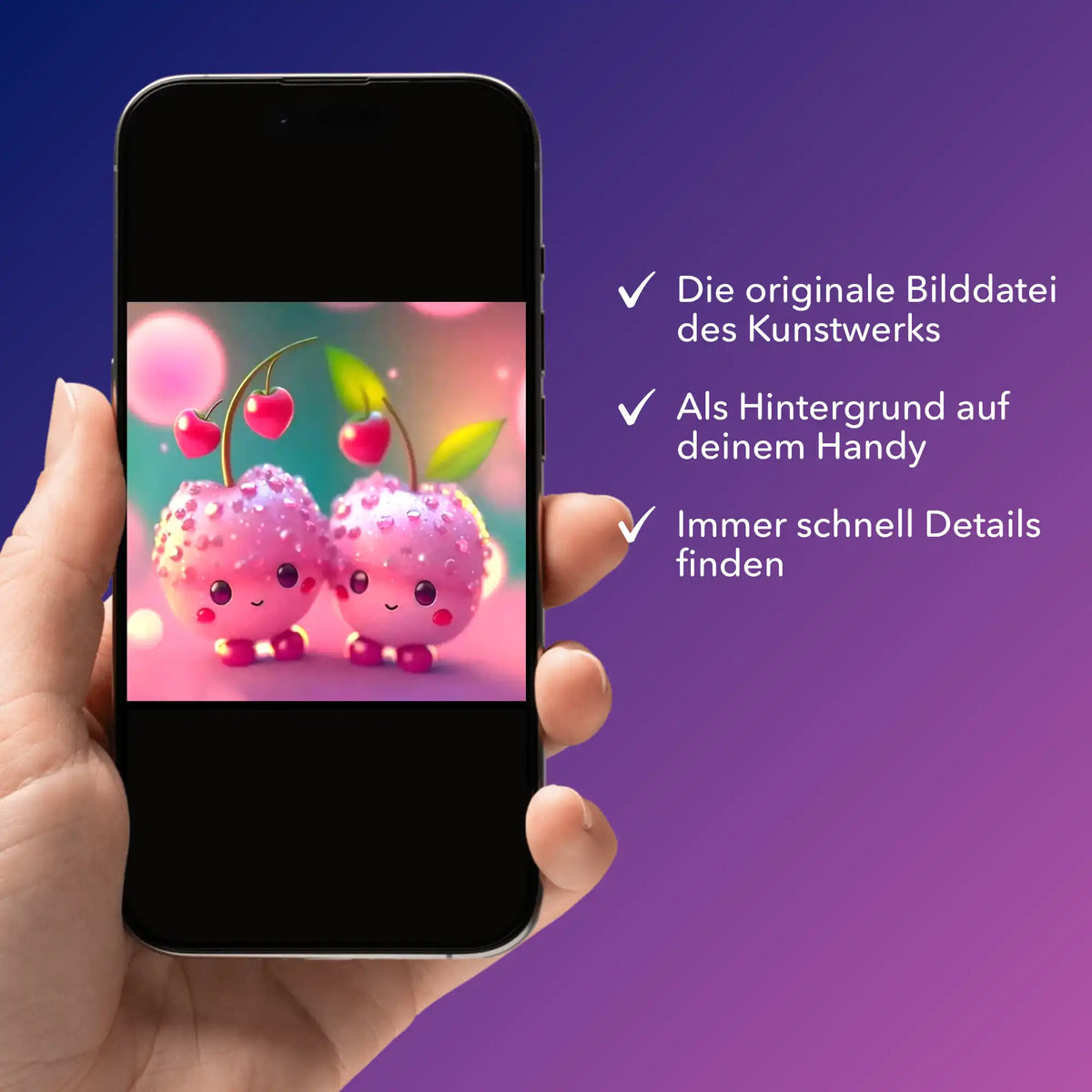 Smartphone zeigt digitale Bildmappe Sweet Cherrys für Diamond Painting und Malen nach Zahlen als Handyhintergrund