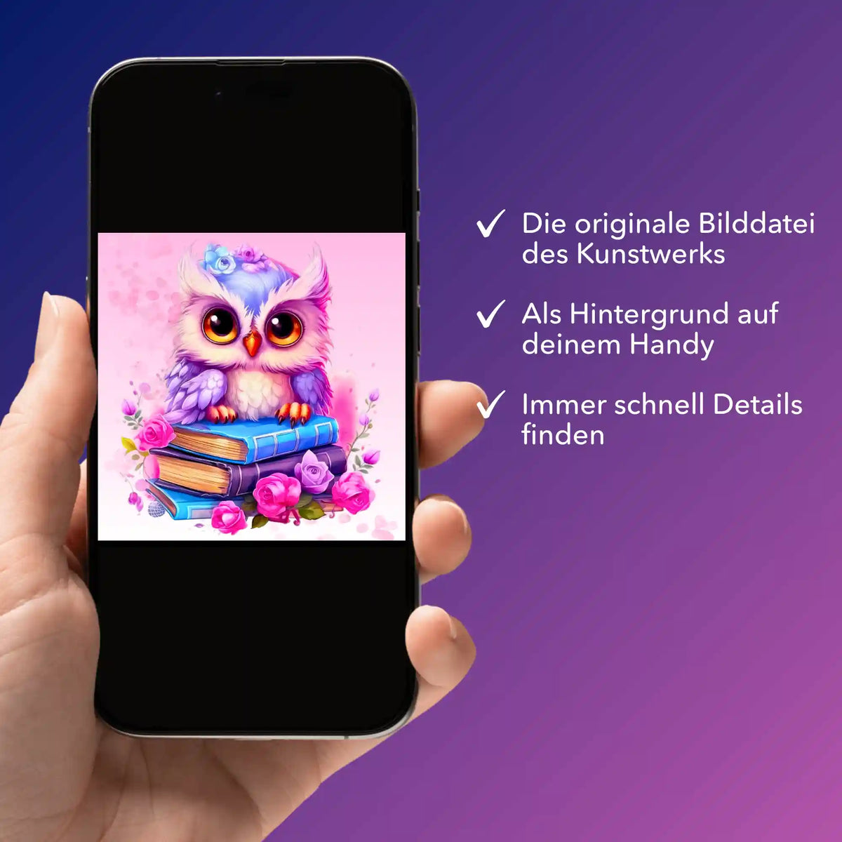 Digitale Bildmappe als Smartphone-Display mit süßer Eulen-Illustration für Diamond Painting und kreative Kunstprojekte