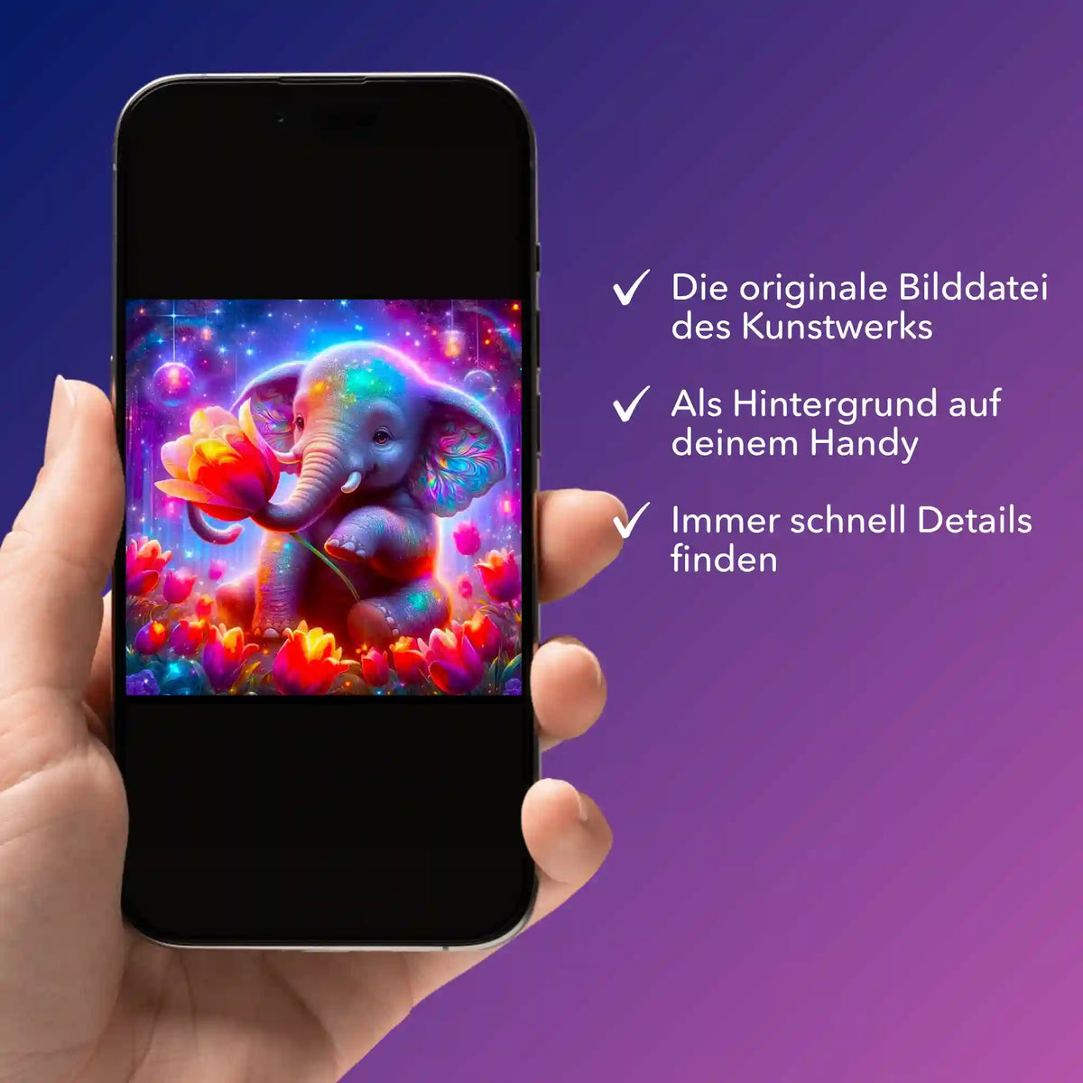 Digitale Bildmappe für Diamond Painting Motiv Elefantenmädchen auf Smartphone-Display mit kreativen Details