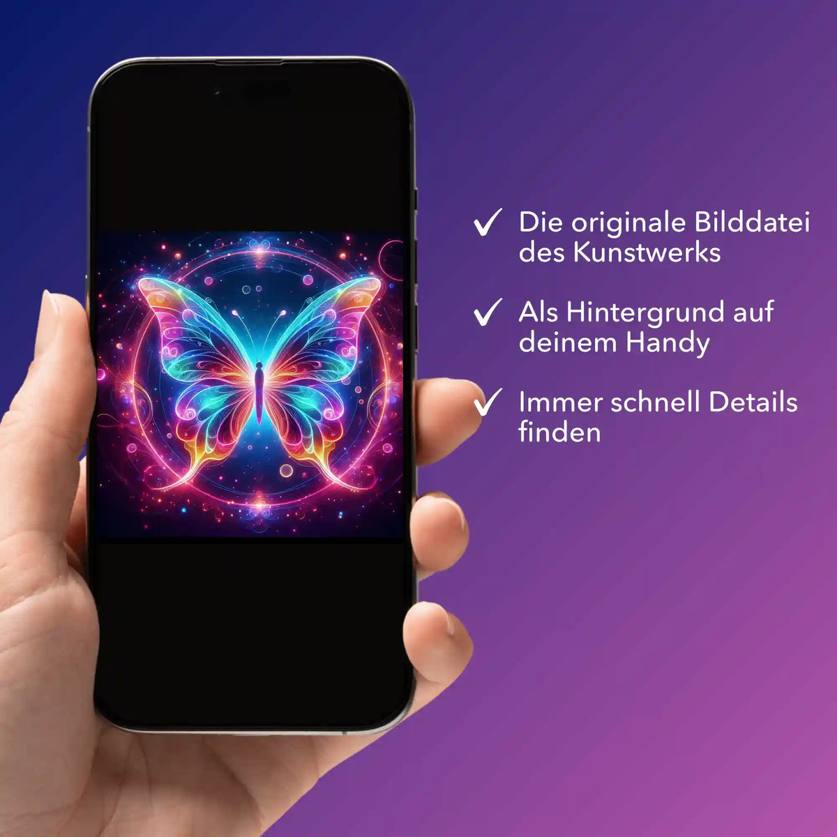 Digitale Bildmappe für Diamond Painting Design 'Circle of Butterfly' auf Smartphone-Display mit leuchtendem Schmetterling