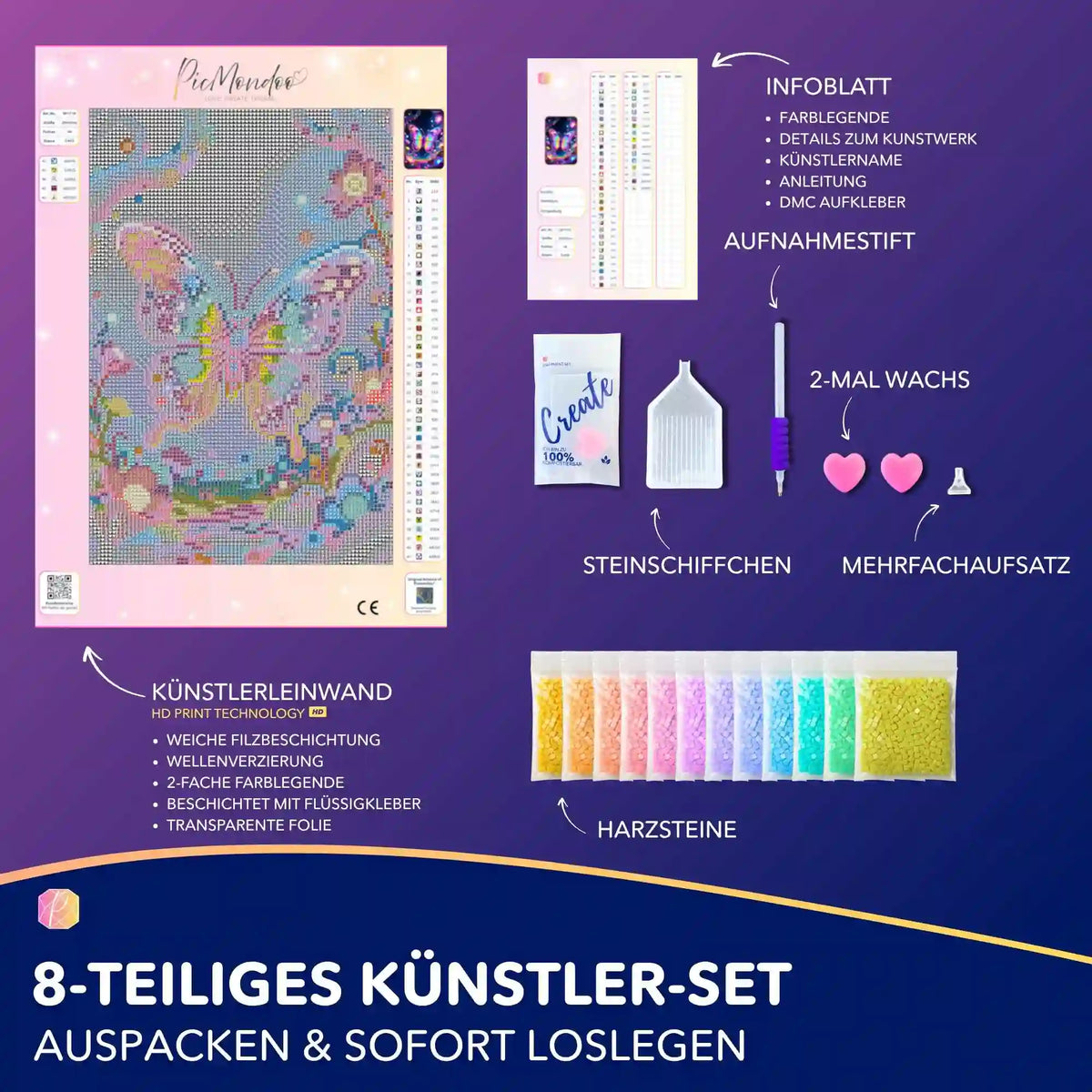 Diamond Painting Set Flügel der Schleier mit Leinwand, magischem Schmetterling, Harzsteinen und Bastelwerkzeug
