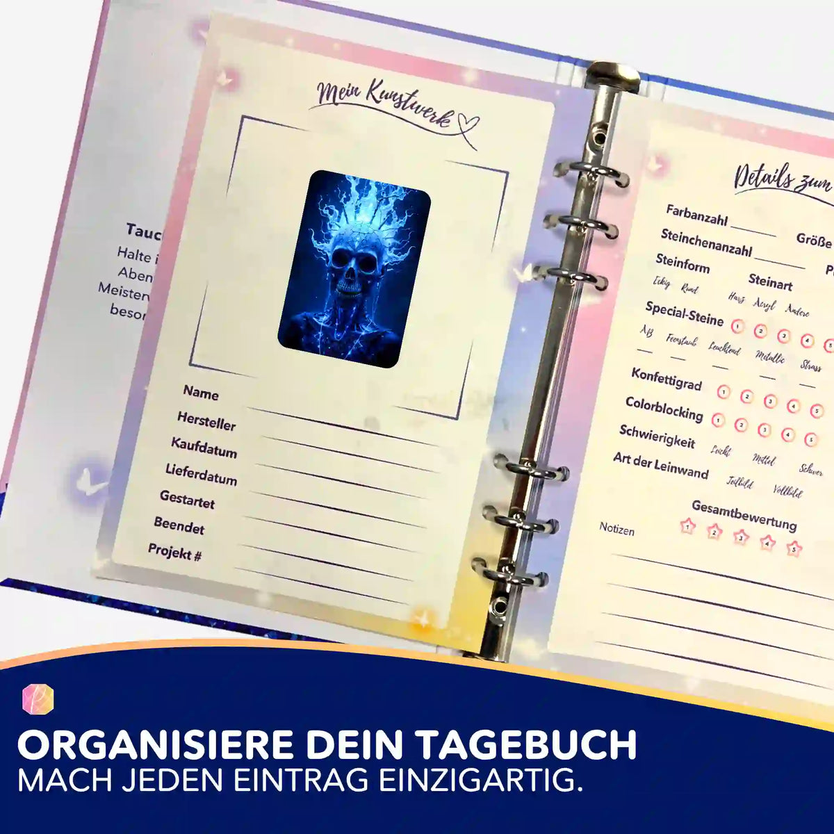 Skull Aufkleber für Diamond Painting Tagebuch zur Organisation von Kunstwerken und Projekt-Details