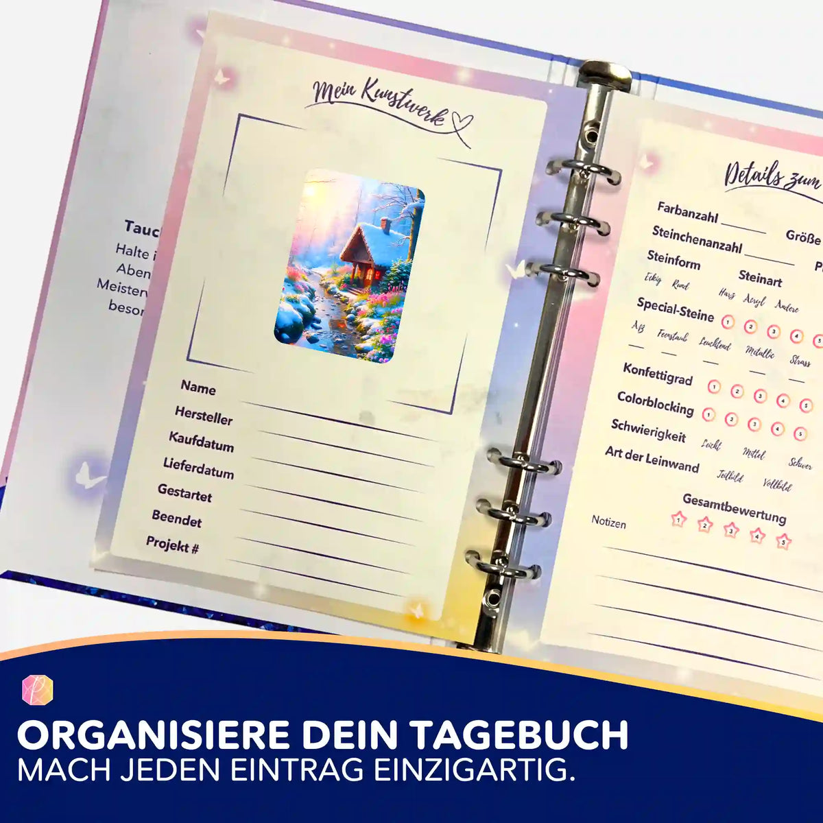 Wintermorgen Aufkleber im Diamond Painting Tagebuch zur Organisation von DIY-Kunstwerken und Diamanten Painting Projekten.