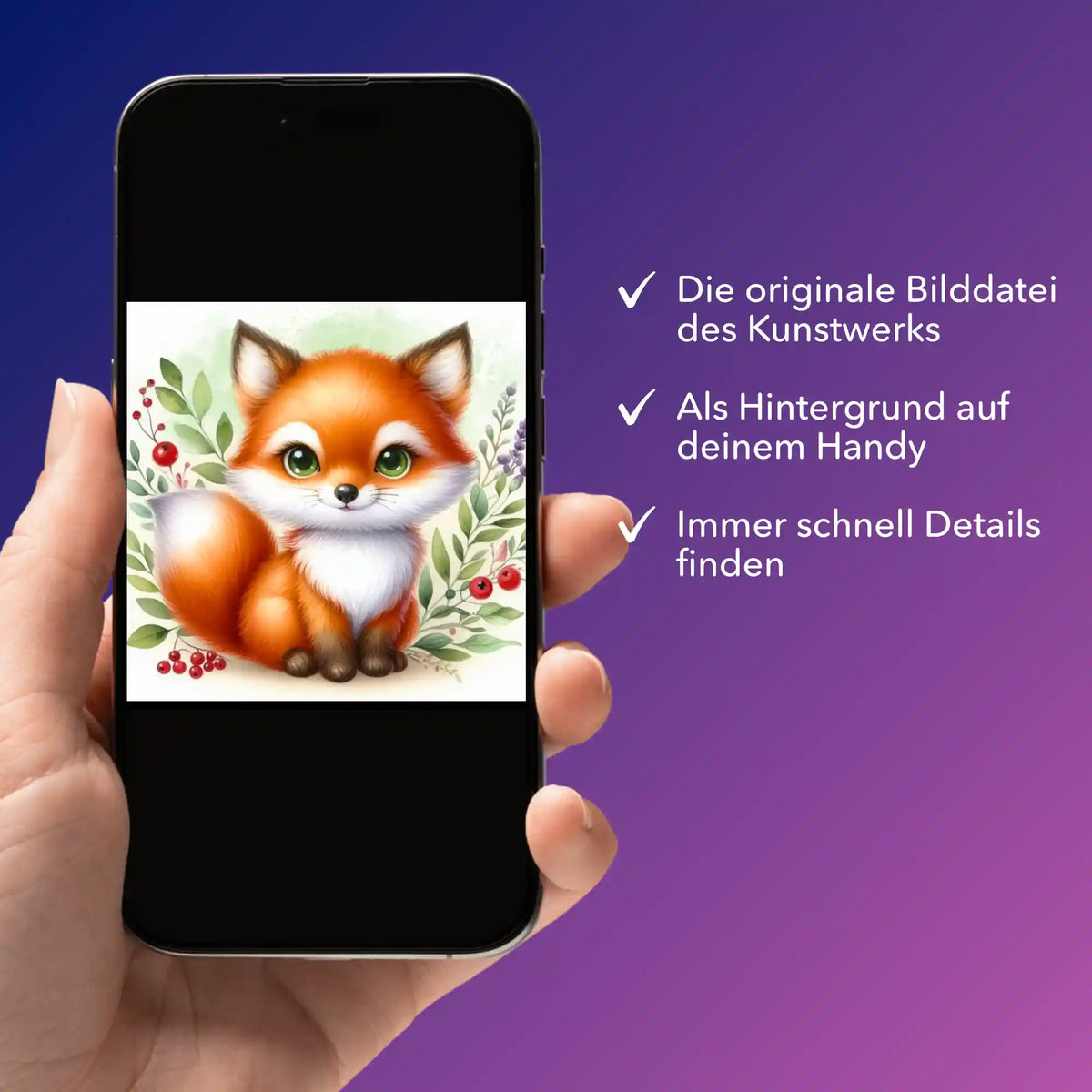 Digitale Bildmappe zum Diamond Painting Motiv Freddy Füchschen auf einem Smartphone als digitale Vorlage