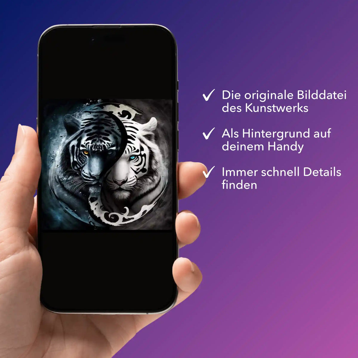 Digitale Bildmappe für Diamond Painting Motiv Tiger Yin und Yang auf dem Smartphone mit Detailansicht