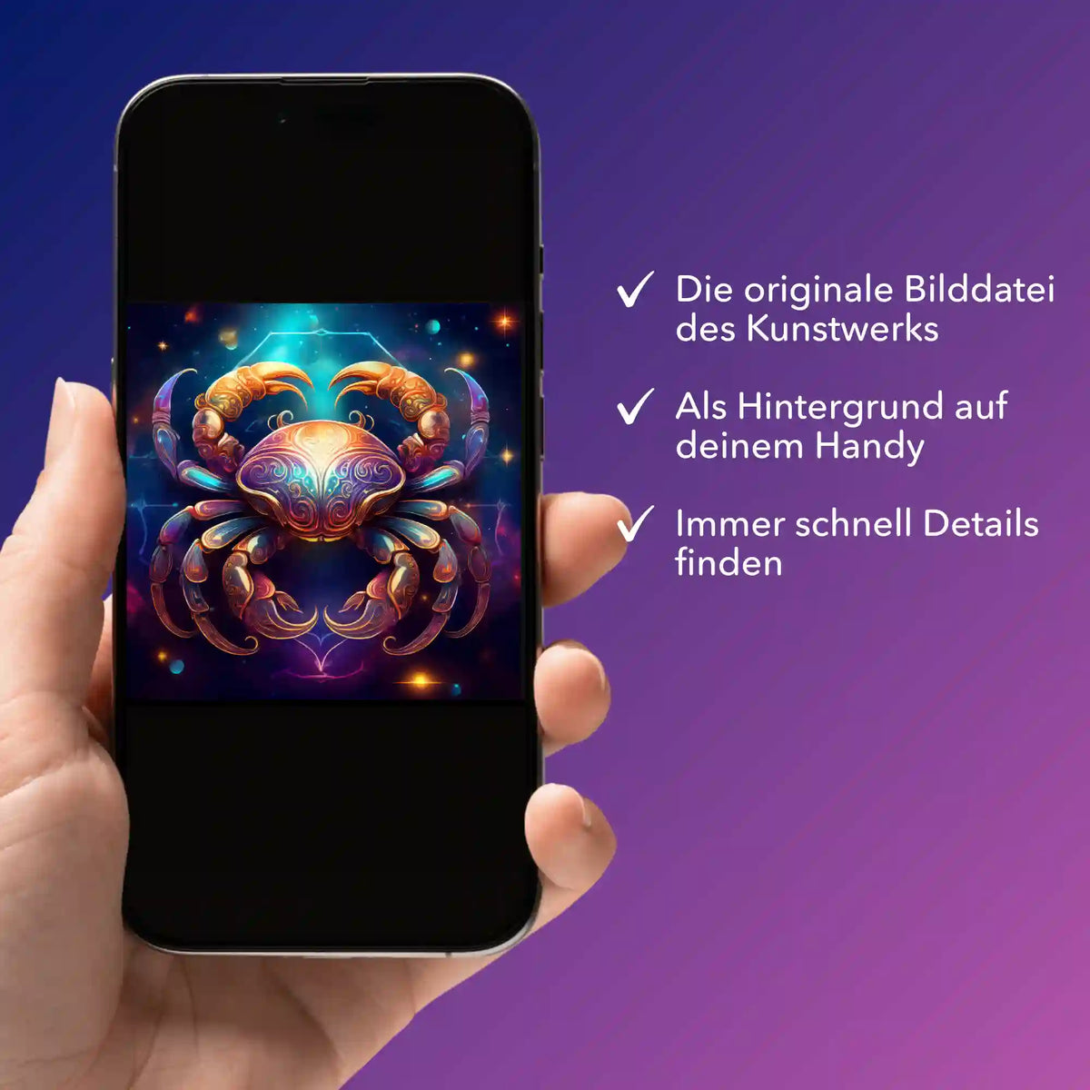 Digitale Bildmappe für Diamond Painting Motiv Sternzeichen Krebs auf einem Smartphone als Hintergrund dargestellt.