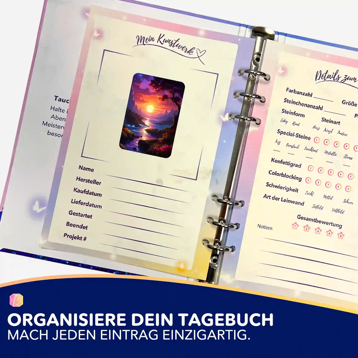 Picmondoo Diamond Painting Tagebuch mit Sticker Melodie des Lichts zur Organisation von Malen nach Zahlen Projekten