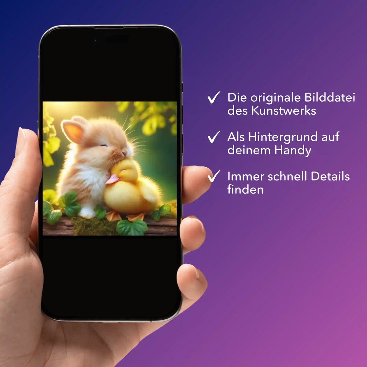 Digitale Bildmappe für Diamond Painting Friendship mit süßem Hasen und Küken als Handy-Hintergrund für kreative Planung.
