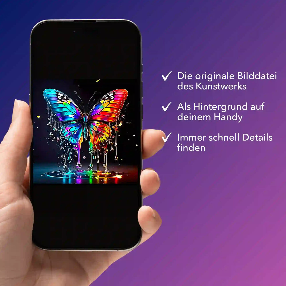Digitale Bildmappe zum Diamond Painting Motiv Waterdrop Butterfly, angezeigt auf einem Smartphone-Display.
