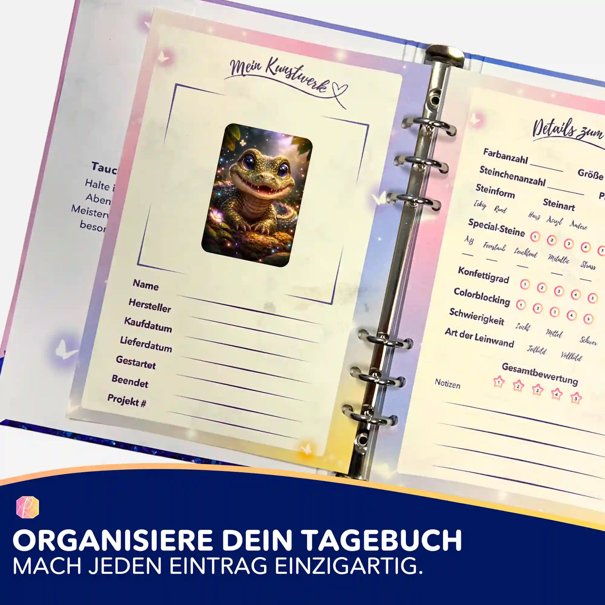 Picmondoo Aufkleber für Diamond Painting Tagebuch mit süßem Echsen-Motiv zur Organisation deiner Kunstwerke