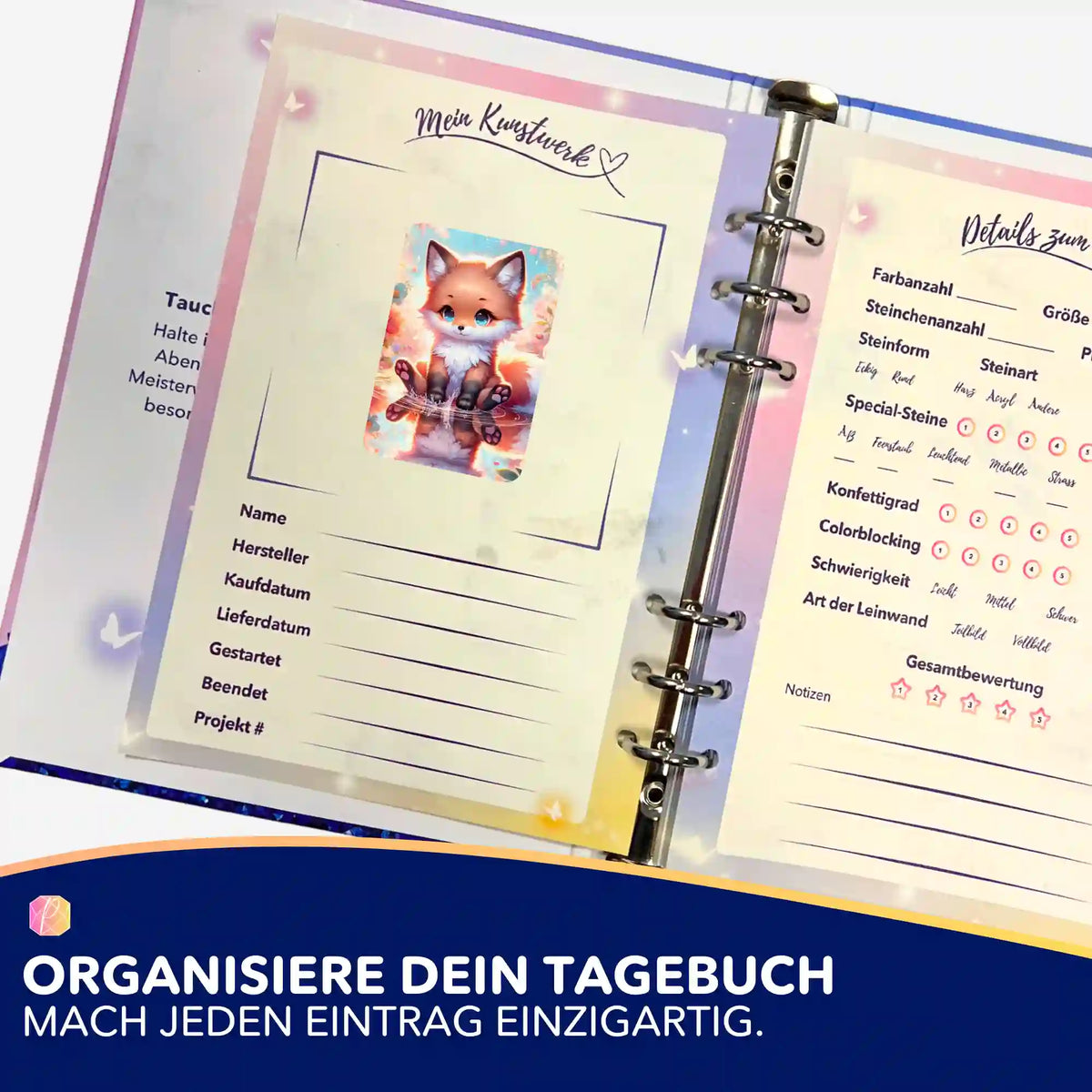 Diamond Painting Tagebuch mit Fuchs-Sticker zur Organisation der Projekt-Details und Gesamtbewertung im Kunstwerk-Logbuch