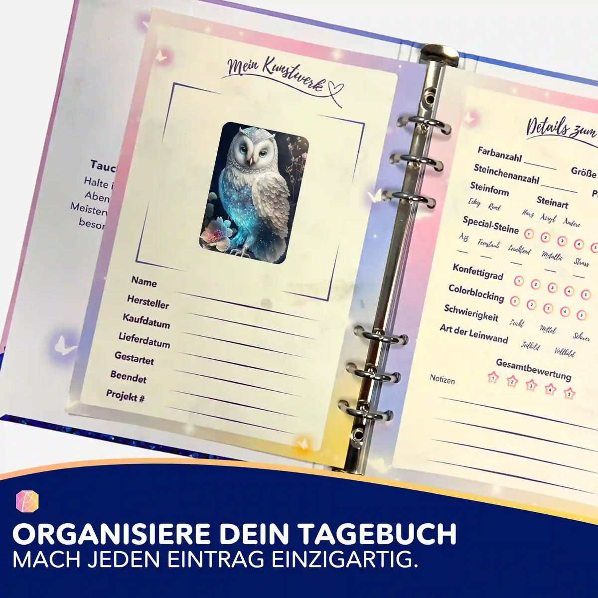 Weißer Eulen-Aufkleber für dein Diamond Painting Logbuch zur Organisation von DIY-Bastelprojekten.