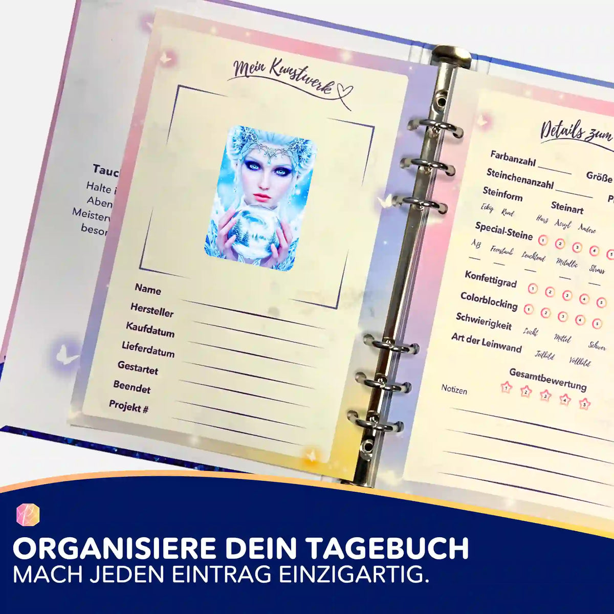 Eiskönigin Sticker im Diamond Painting Tagebuch zur Organisation von DIY-Kunstwerken und Diamanten Painting Projekten