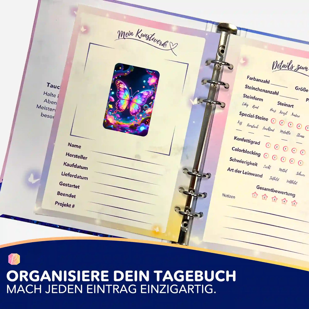 Dekorativer Schmetterlings-Aufkleber für dein Diamond Painting Zubehör Tagebuch zur Organisation deiner Kunstwerke.