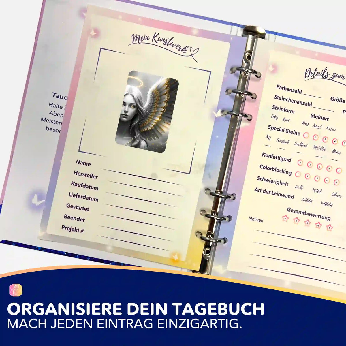 Diamond Painting Tagebuch mit Golden Angel Sticker zur Organisation von Farbanzahl, Steinform und Projekt-Details
