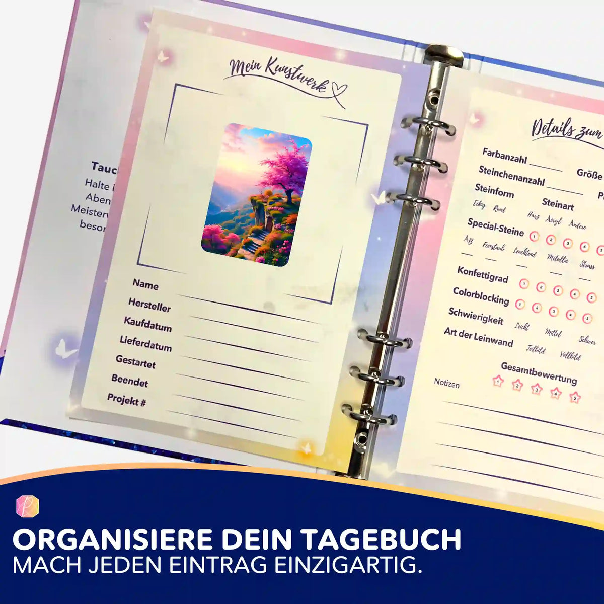 Diamond Painting Tagebuch mit Morgendämmerung Aufkleber zur Organisation von Diamond Painting Projekten