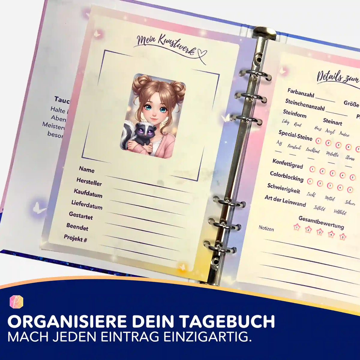 Picmondoo Sticker Yuna & Puki zur Organisation im Diamond Painting Tagebuch für eine strukturierte Projektdokumentation