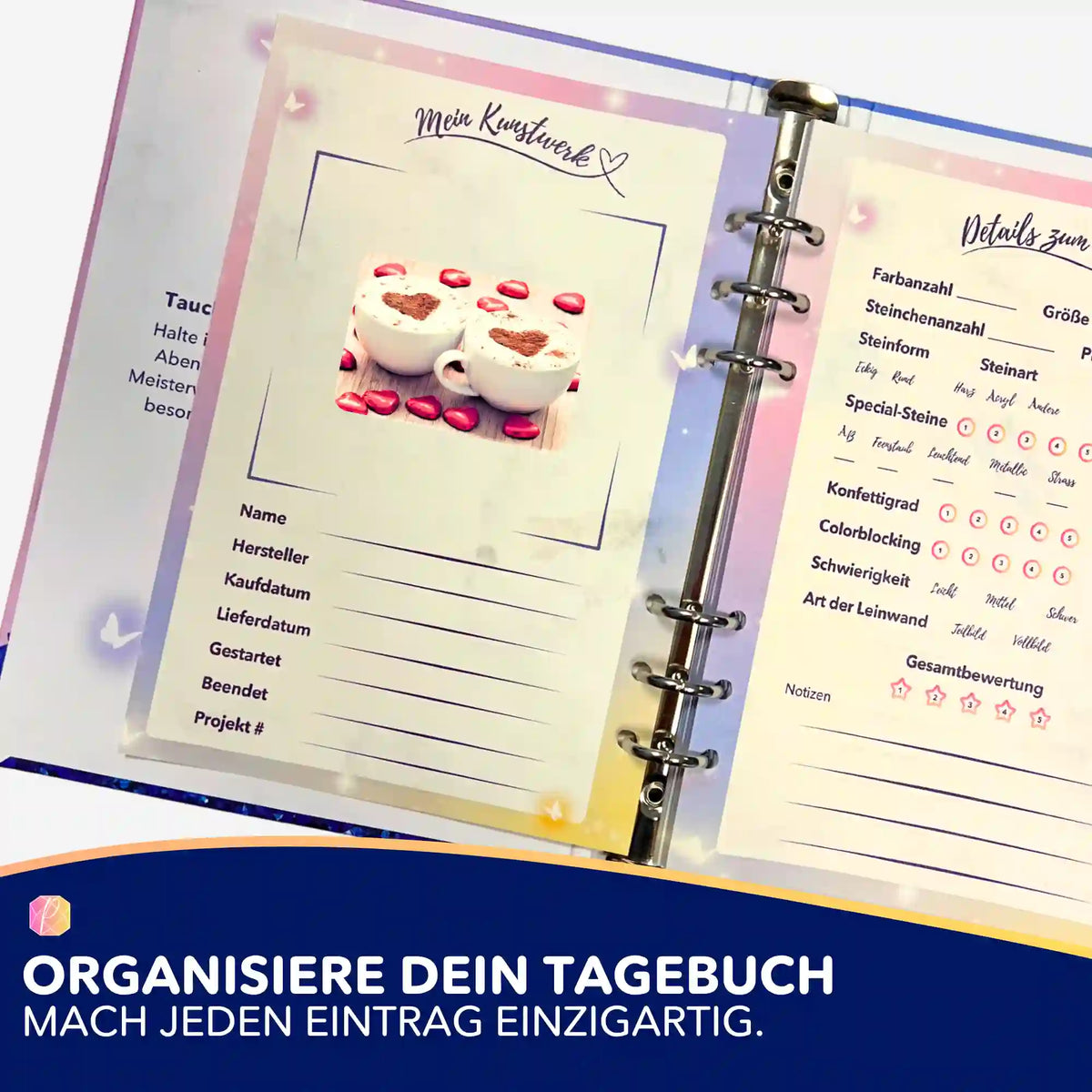 Kaffeeliebe Aufkleber für Diamond Painting Tagebuch zur Organisation von Projektdetails und Kunstwerken bei Picmondoo.