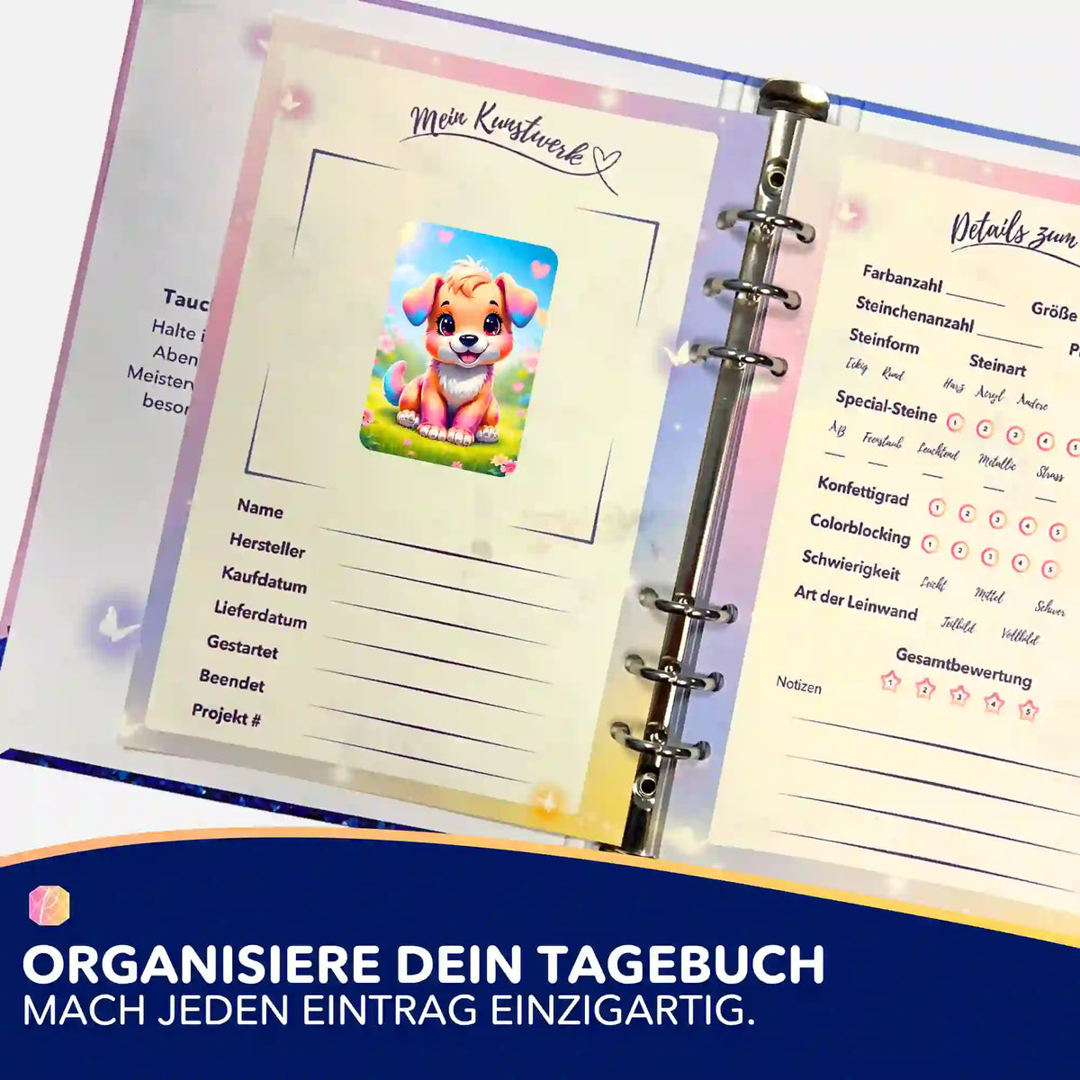 Puschel Sticker im Diamond Painting Tagebuch zur Organisation von Projekten wie Malen nach Zahlen und Diamanten Painting