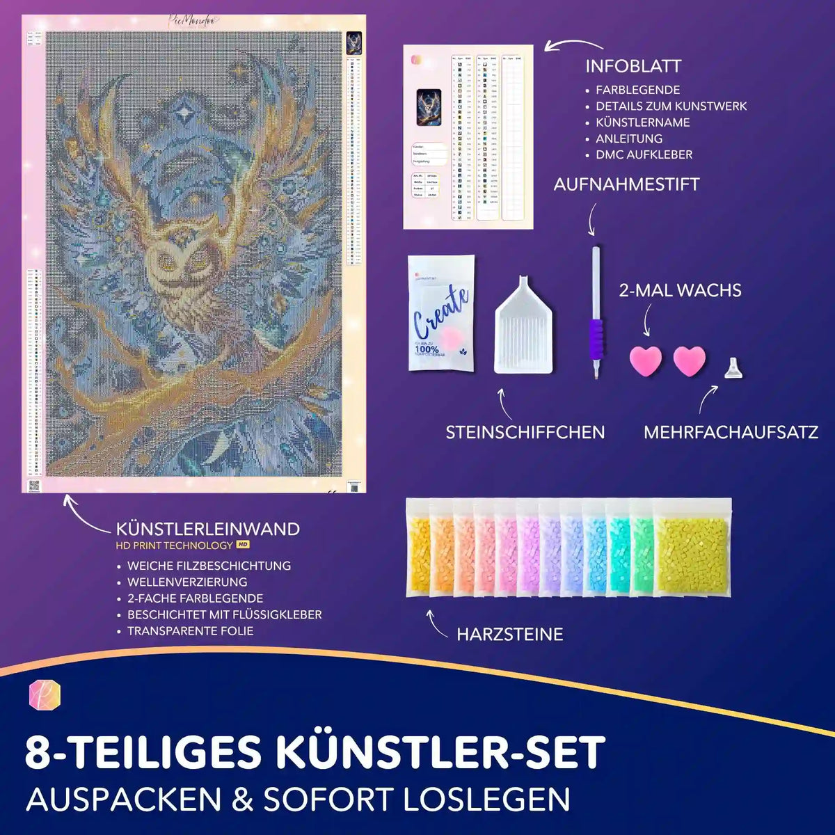 Diamond Painting Set Wenn die Nacht dich sieht mit Eule Motiv, Leinwand, Harzsteinen und komplettem Werkzeug-Zubehör.