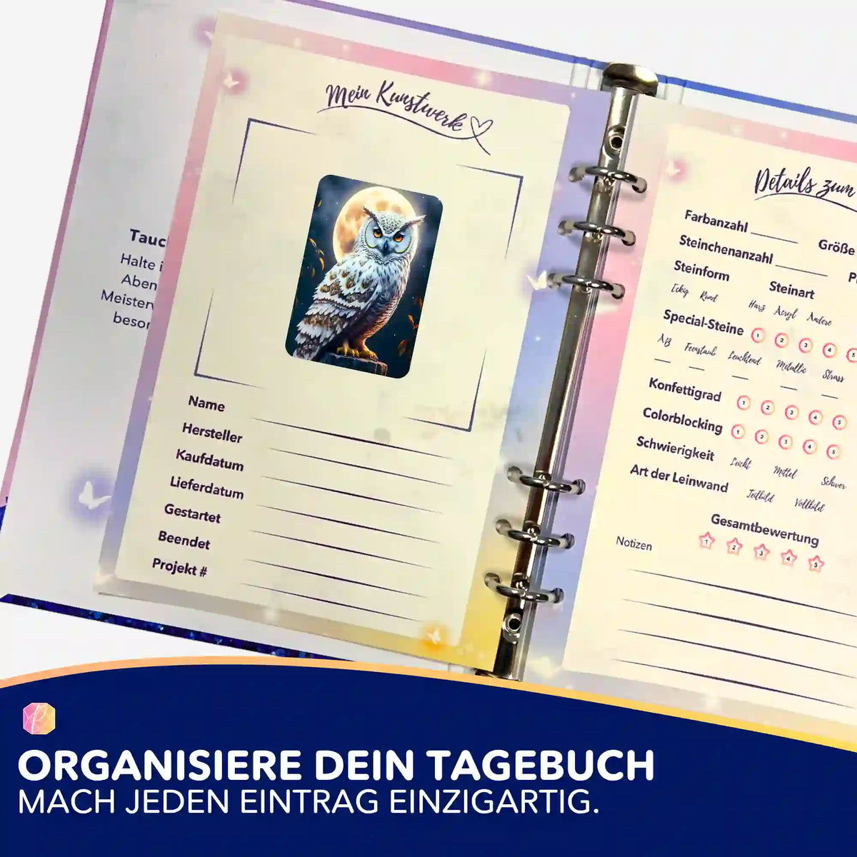 Diamond Painting Tagebuch Sticker mit Eulen-Motiv zur Organisation deiner Diamanten Painting Projekte