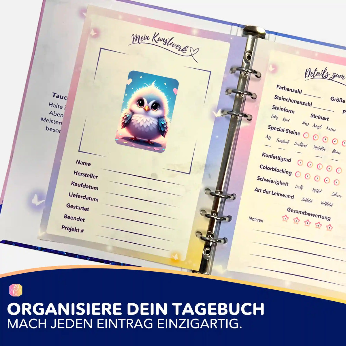 Picmondoo Diamond Painting Tagebuch mit süßem Küken Sticker zur Organisation von Diamond Painting Projekten