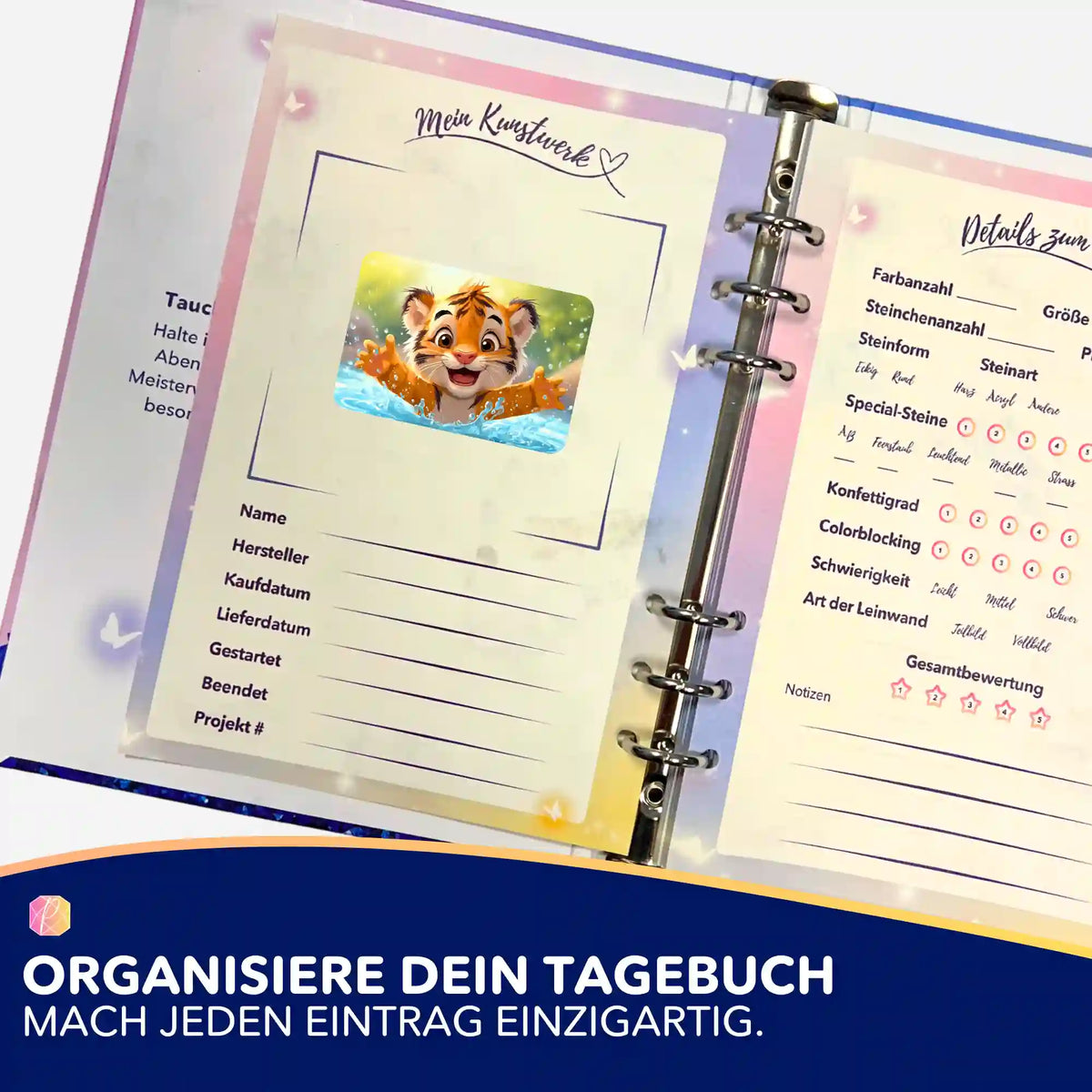 Platsch ins Glück Aufkleber in einem Diamond Painting Tagebuch zur Organisation deiner Kunstwerke und Diamanten Painting