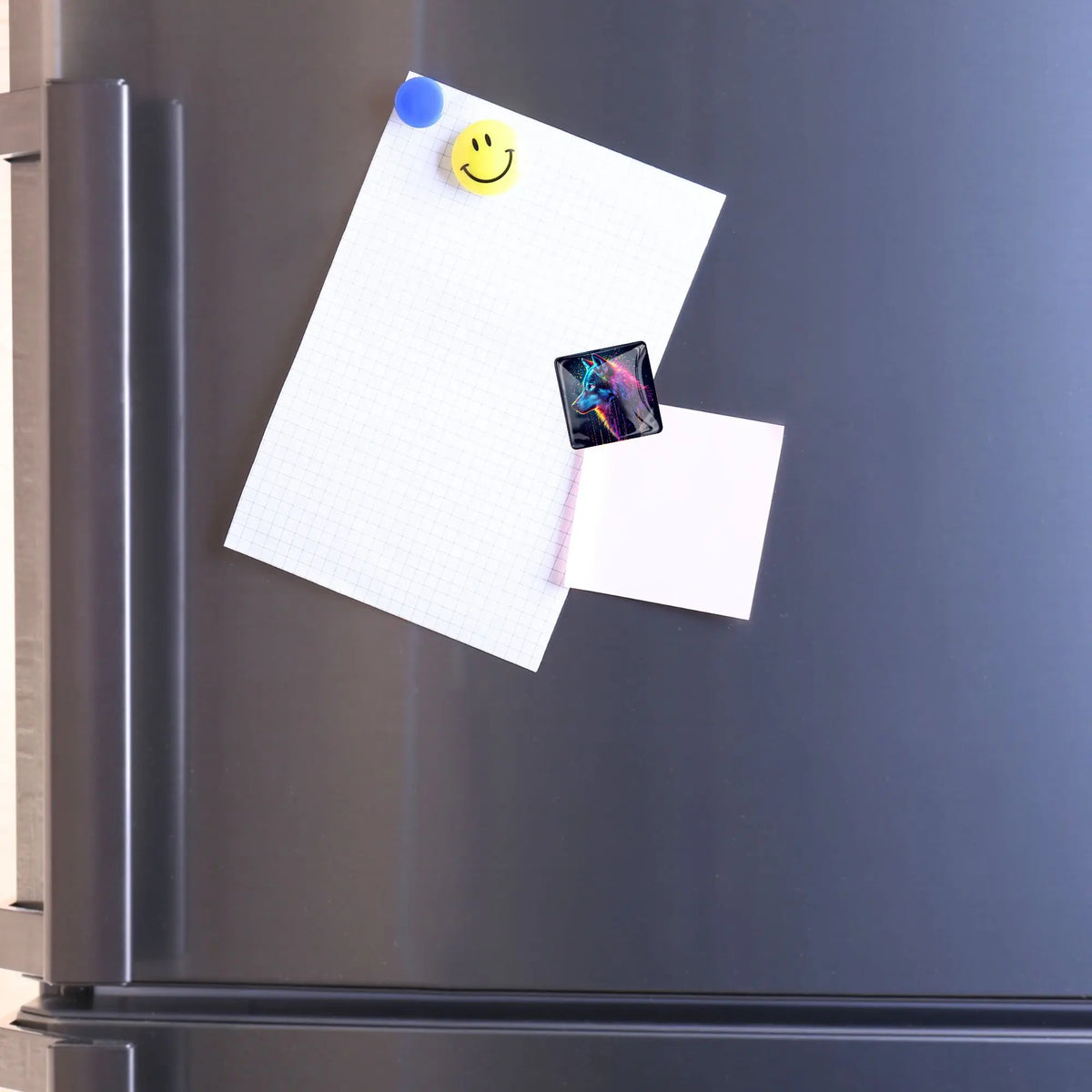 Quadratischer Diamond Painting Cover Minder mit Wolf-Motiv als magnetischer Halter für Leinwände am Kühlschrank