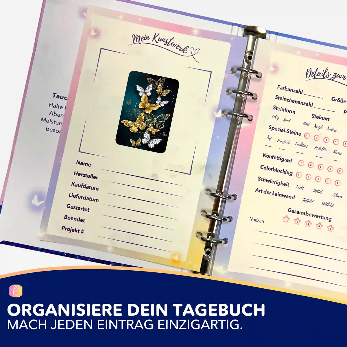5er-Set Sticker mit goldenen Schmetterlingen zur Organisation im Diamond Painting Tagebuch oder für Bastelsets