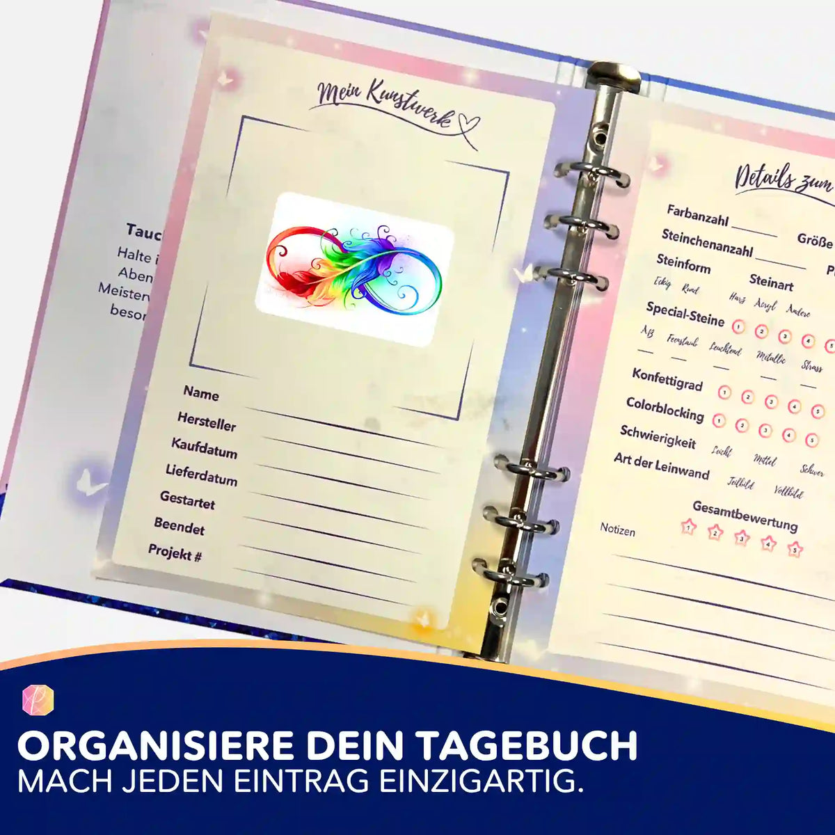 Infinity Feather Aufkleber für Diamond Painting Tagebuch zur Organisation von Projektdetails und Fortschritt