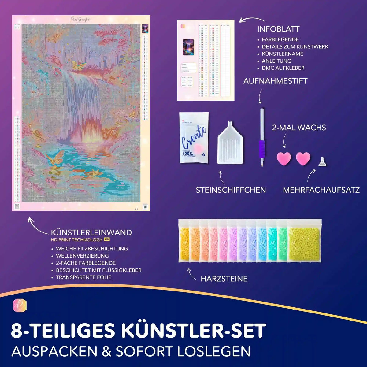 Diamond Painting Set Hain der erwachten Farben: Künstler-Leinwand, bunte Harzsteine und Zubehör für magische Fantasielandschaften