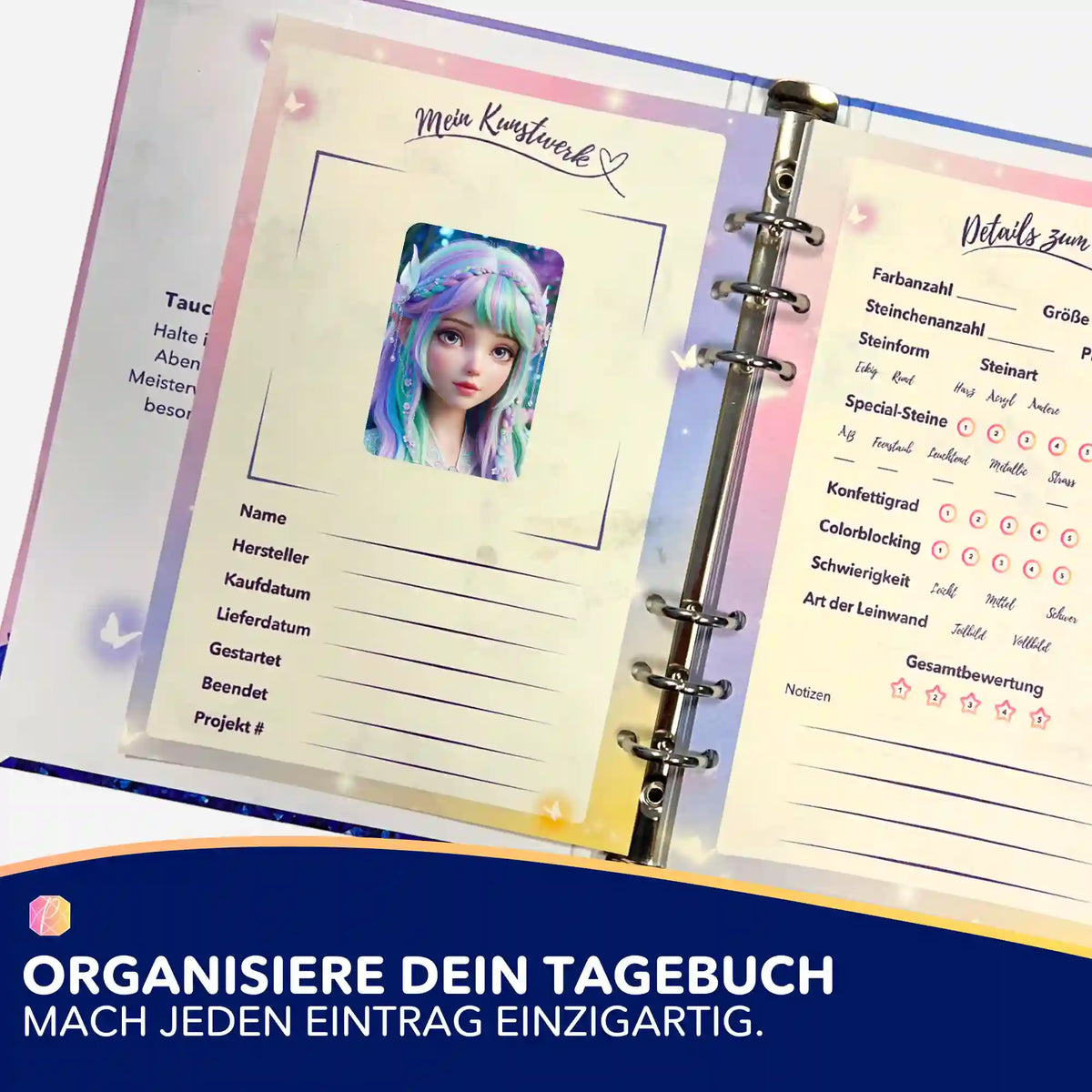 Feenprinzessin Elara Sticker im Diamond Painting Tagebuch zur Organisation von DIY-Projekten