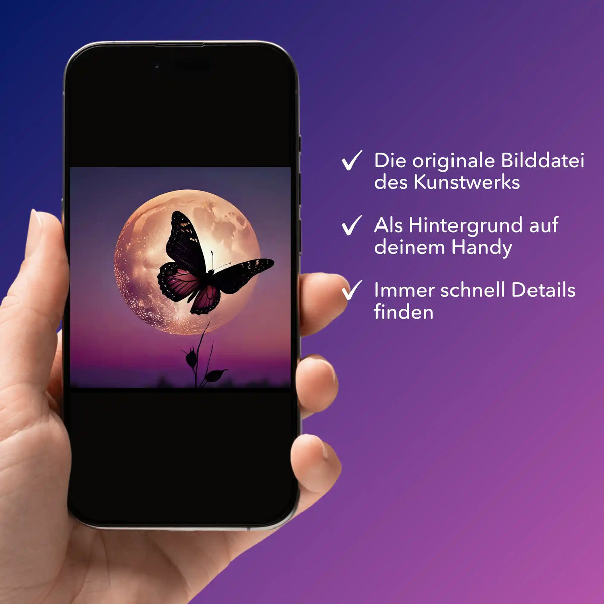 Digitale Bildmappe Nightfly für Diamond Painting am Smartphone mit Schmetterling vor Vollmond Motiv