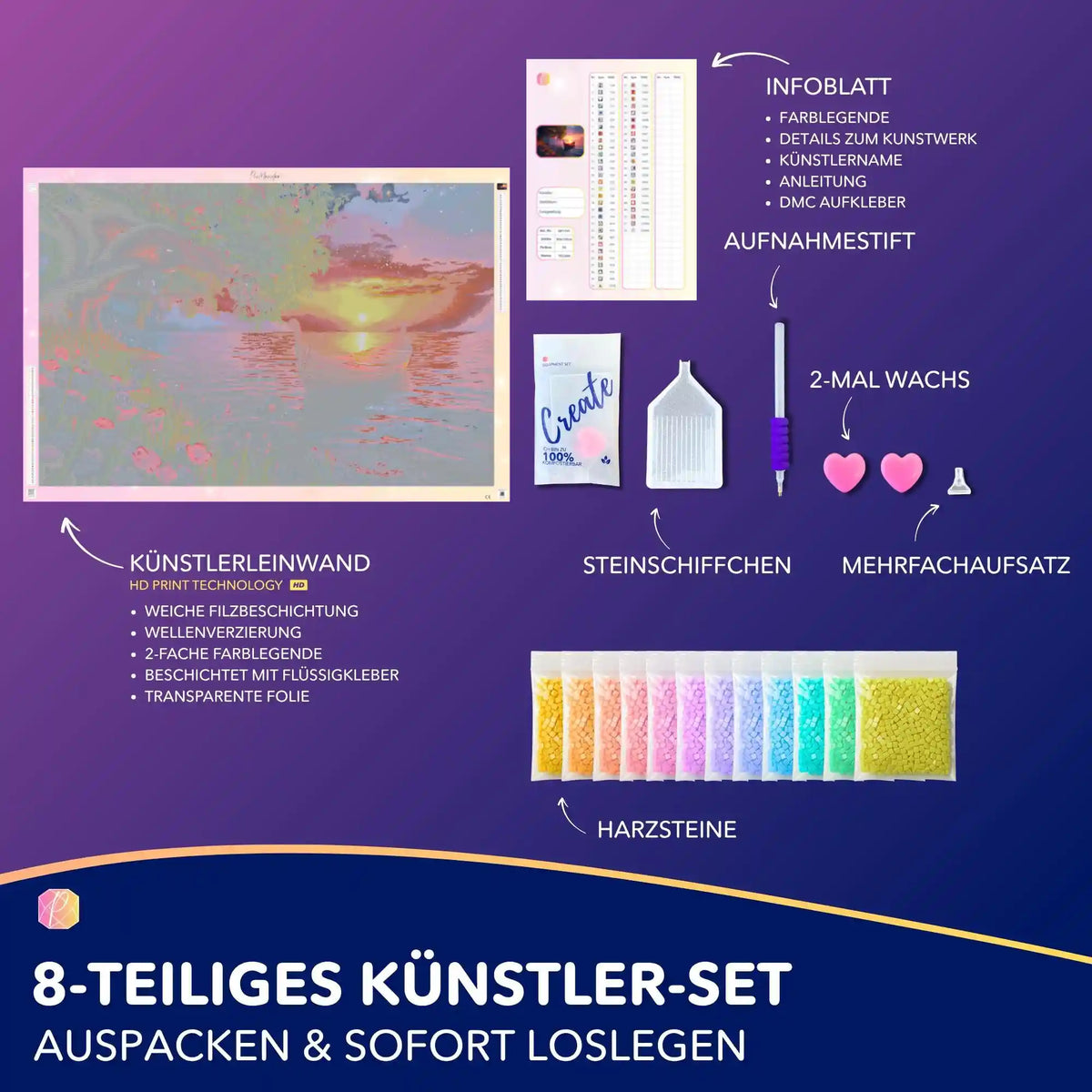 Diamond Painting Set Wo Träume anlegen mit Leinwand, bunten Harzsteinen, Stift, Schiffchen und Zubehör für DIY-Kunst