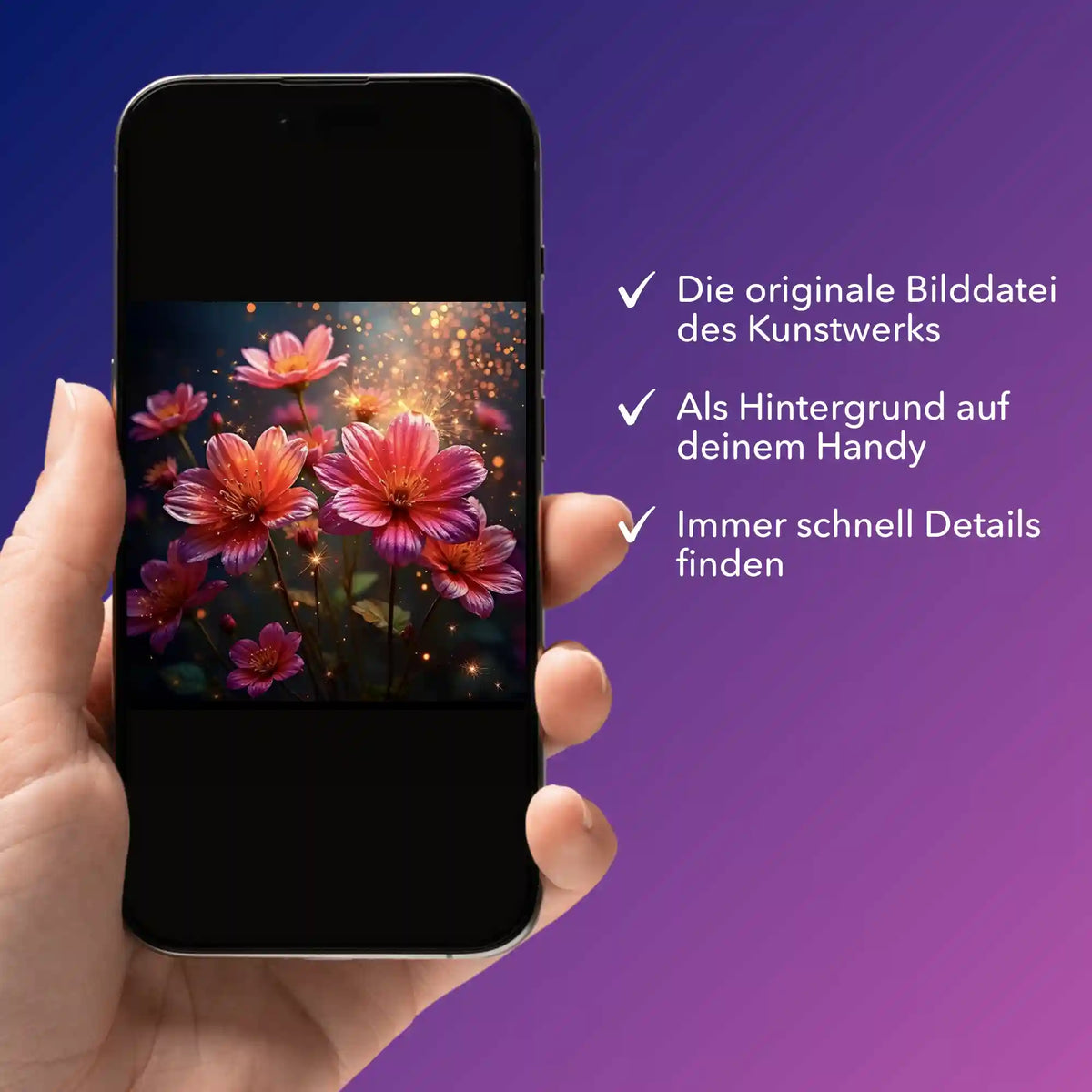 Digitale Bildmappe Flower Sparkle für Diamond Painting auf Smartphone präsentiert mit Blumenmotiv als Hintergrundbild