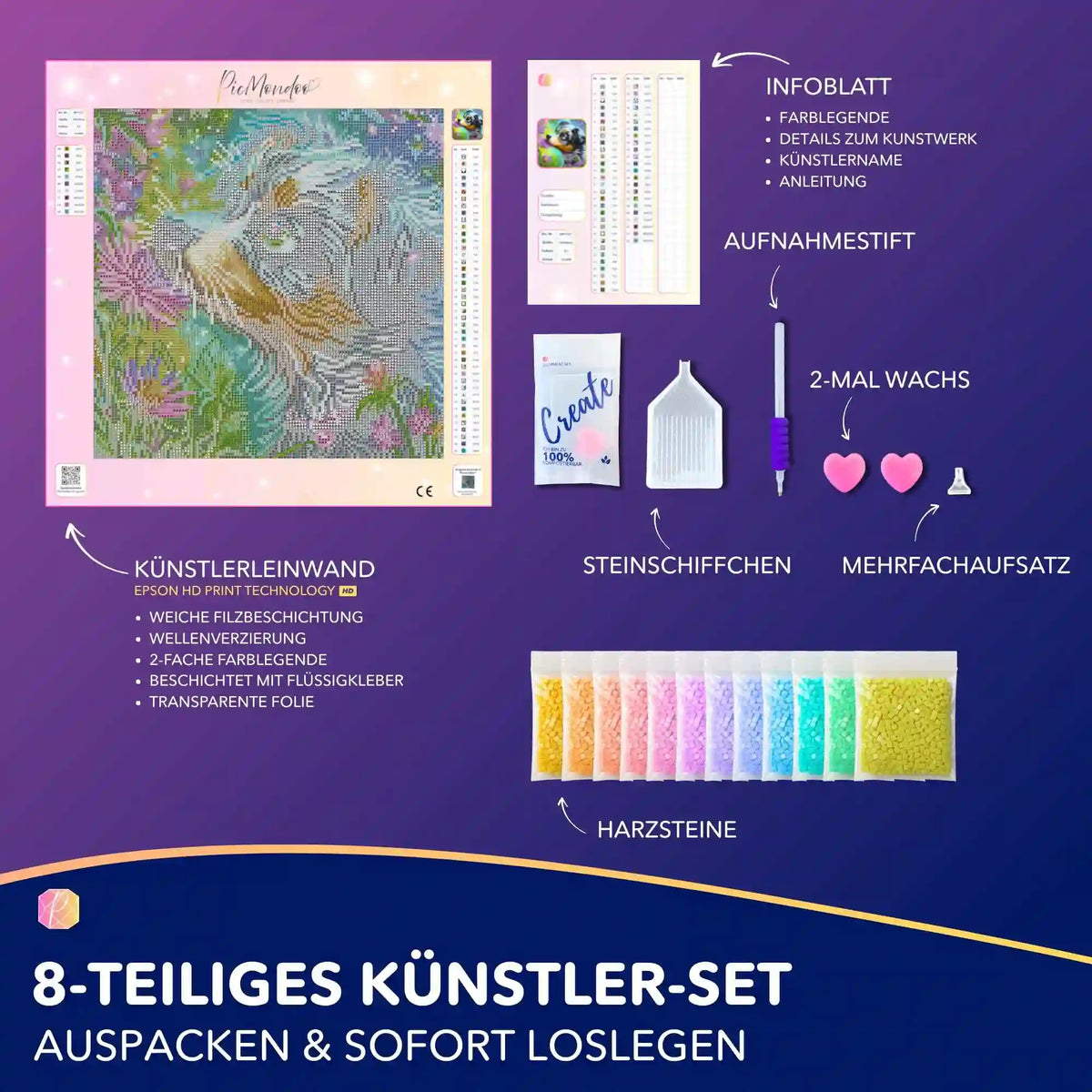 Diamond Painting Set Yaro mit Hundemotiv, Leinwand, bunten Harzsteinen und Werkzeug für kreatives DIY-Basteln.