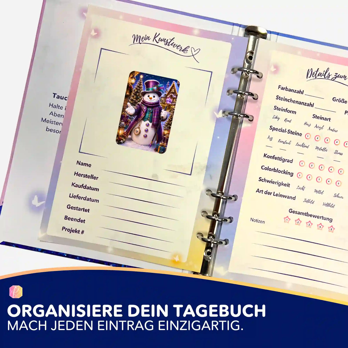 Picmondoo Diamond Painting Tagebuch mit Winter-Sticker zur Organisation von Malen nach Zahlen und Diamanten Painting Sets