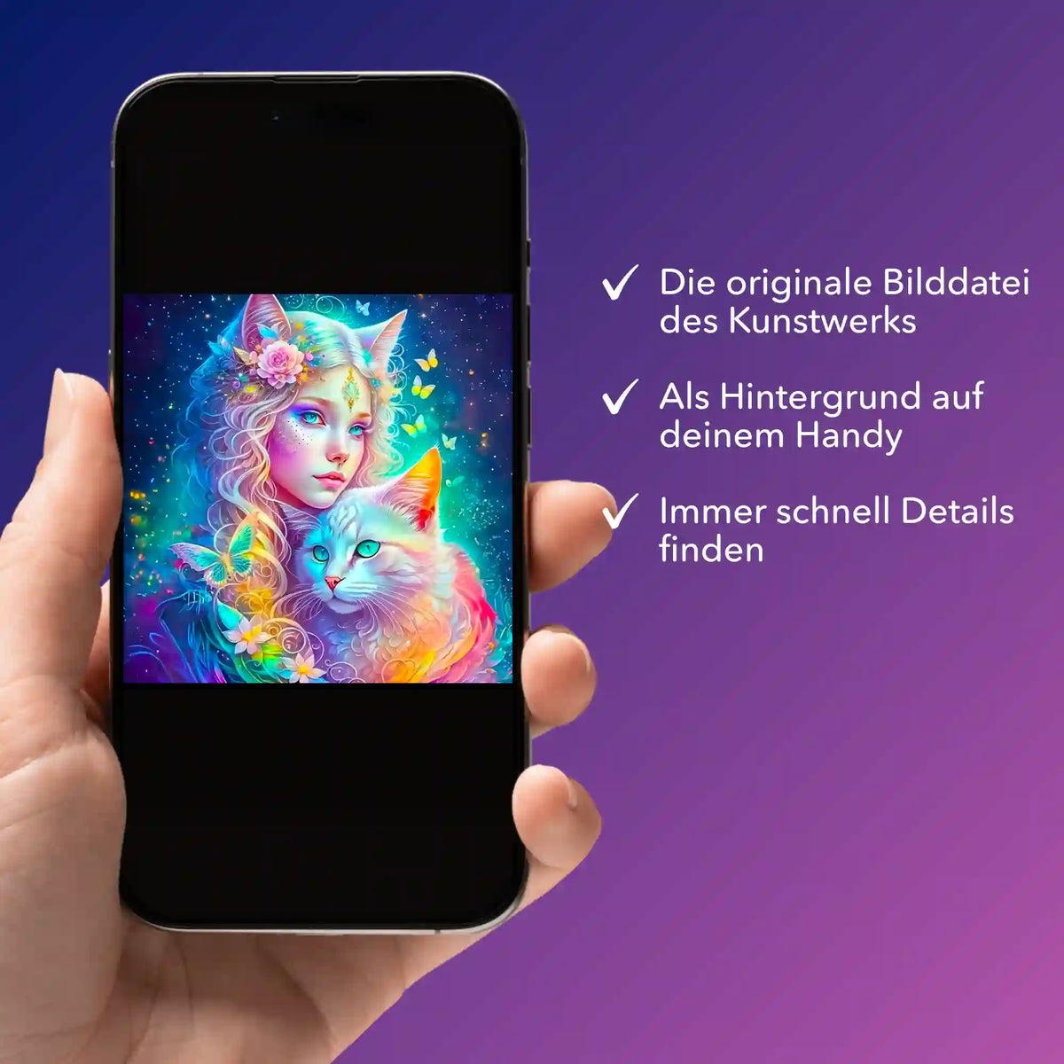 Smartphone mit digitaler Bildmappe für Diamond Painting Motiv Katzenelfe als Kunstwerk im bunten Fantasie-Stil