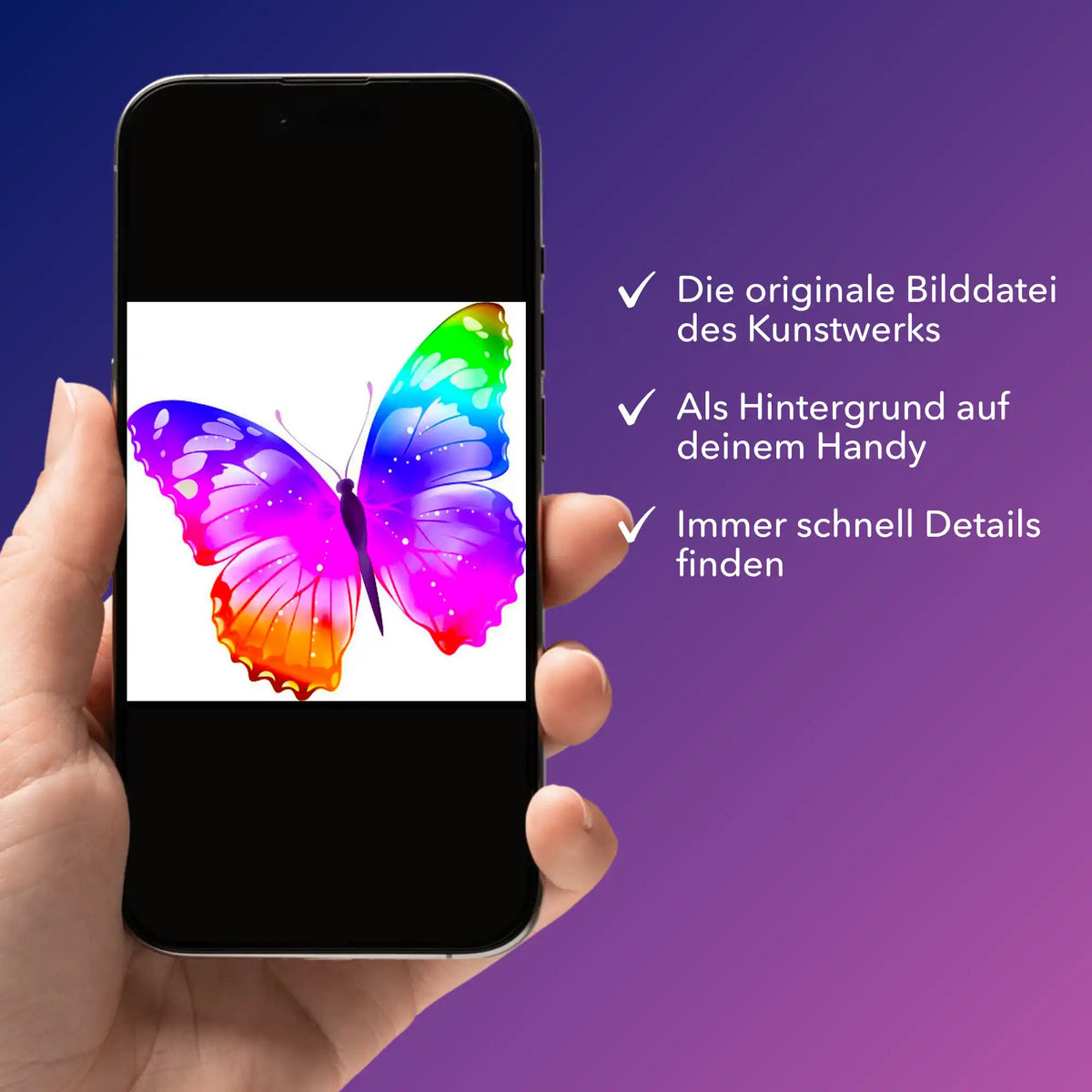 Smartphone mit digitaler Picmondoo Bildmappe: Farbenfrohes Schmetterling-Motiv für Diamond Painting und Malen nach Zahlen.