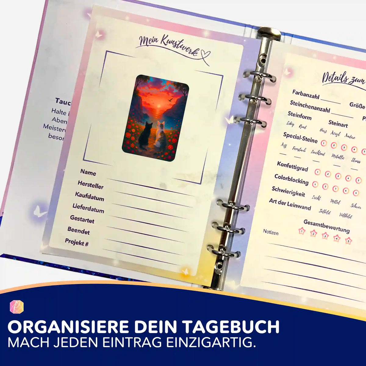 Picmondoo Diamond Painting Tagebuch mit Katzen-Aufkleber zur Organisation von DIY-Kunstwerken und Projekt-Details
