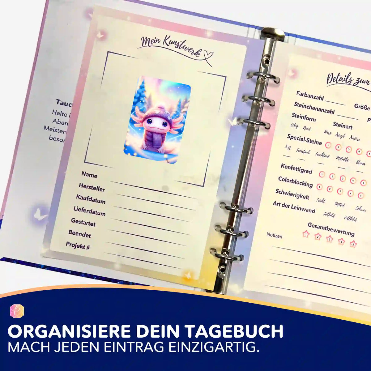 Axolotl Aufkleber in einem Diamond Painting Tagebuch zur Organisation von DIY-Kunstwerken und Diamanten Painting Sets