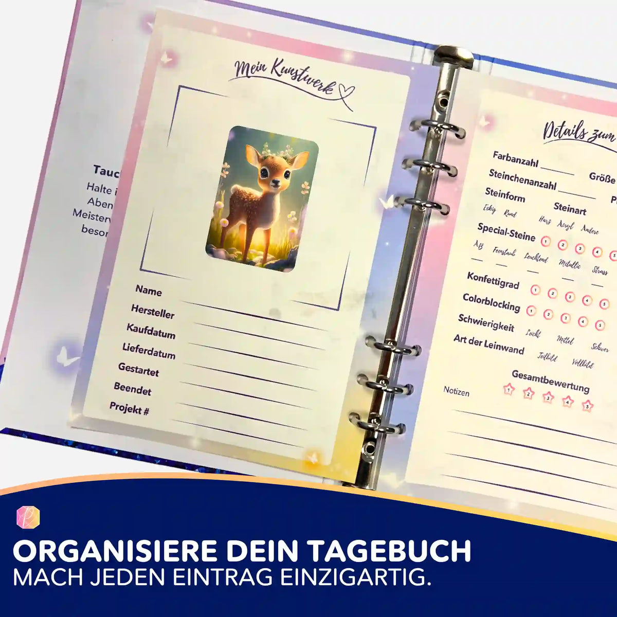 Diamond Painting Tagebuch mit Rehkitz Anabell Sticker für die Projektorganisation von DIY Bastelsets