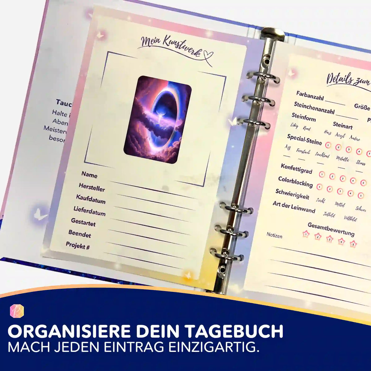 Picmondoo Diamond Painting Tagebuch mit Sticker-Set Tor in die andere Welt zur Organisation von DIY Bastelsets