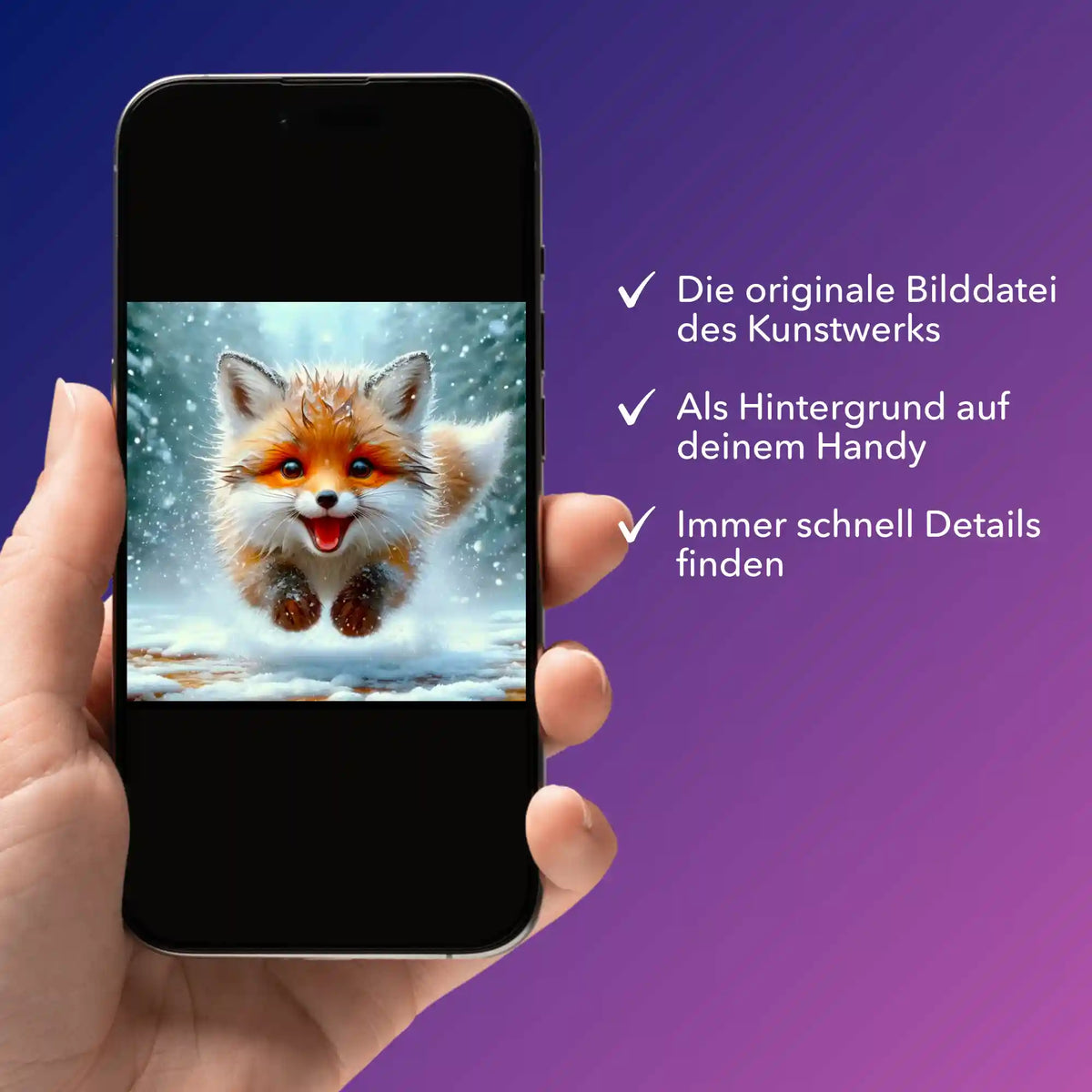 Digitale Bildmappe für Diamond Painting Motiv kleiner Fuchs im Winterwald als Handy-Wallpaper