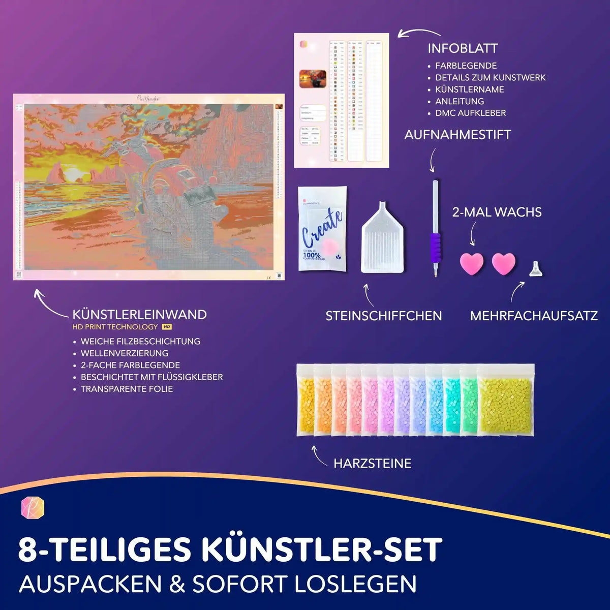 Diamond Painting Set Nächster Halt Horizont mit Motorrad-Motiv, Glitzersteinen, Leinwand und komplettem Zubehör
