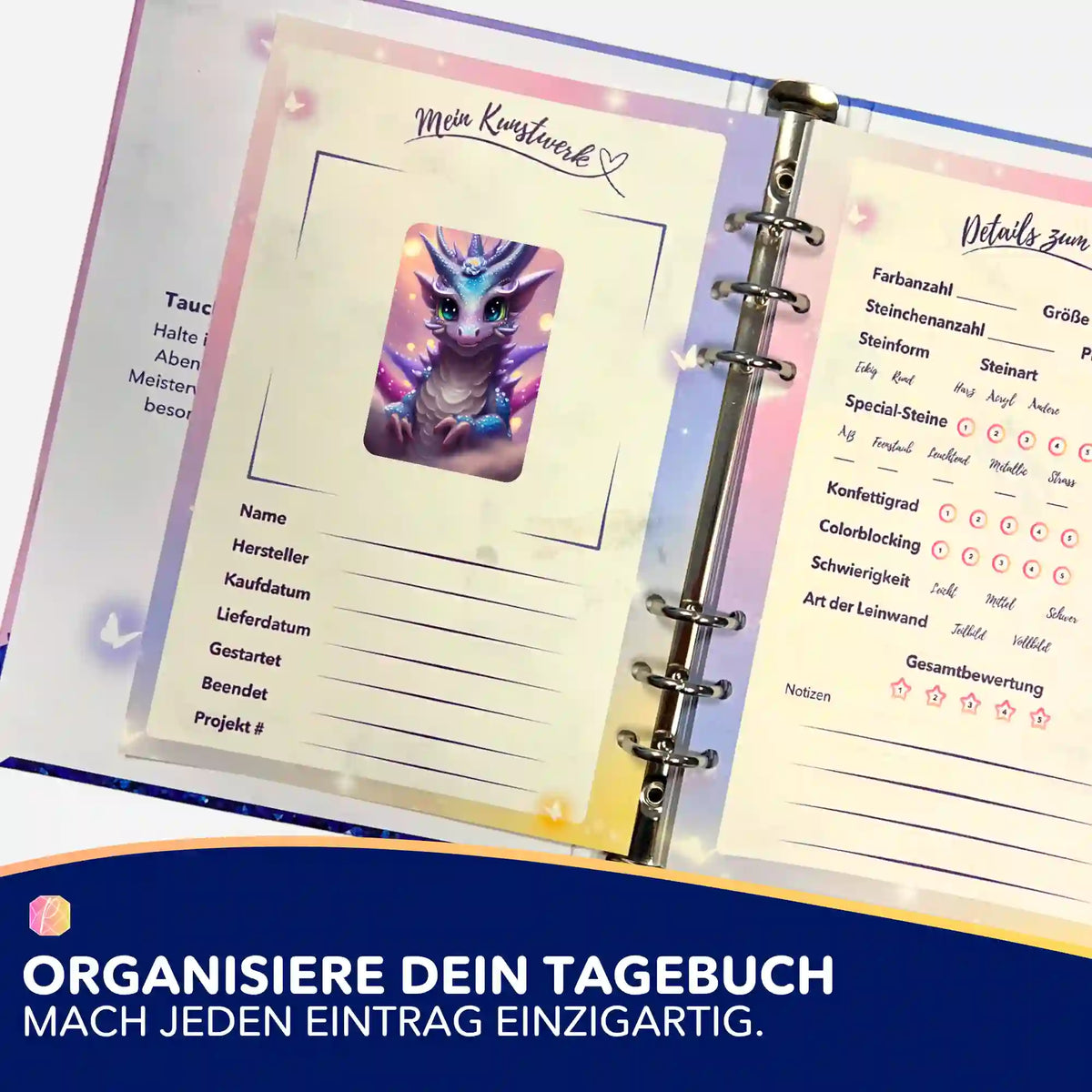 Cute Dragon Sticker in einem Diamond Painting Tagebuch zur Organisation von Projektdetails und Kunstwerken