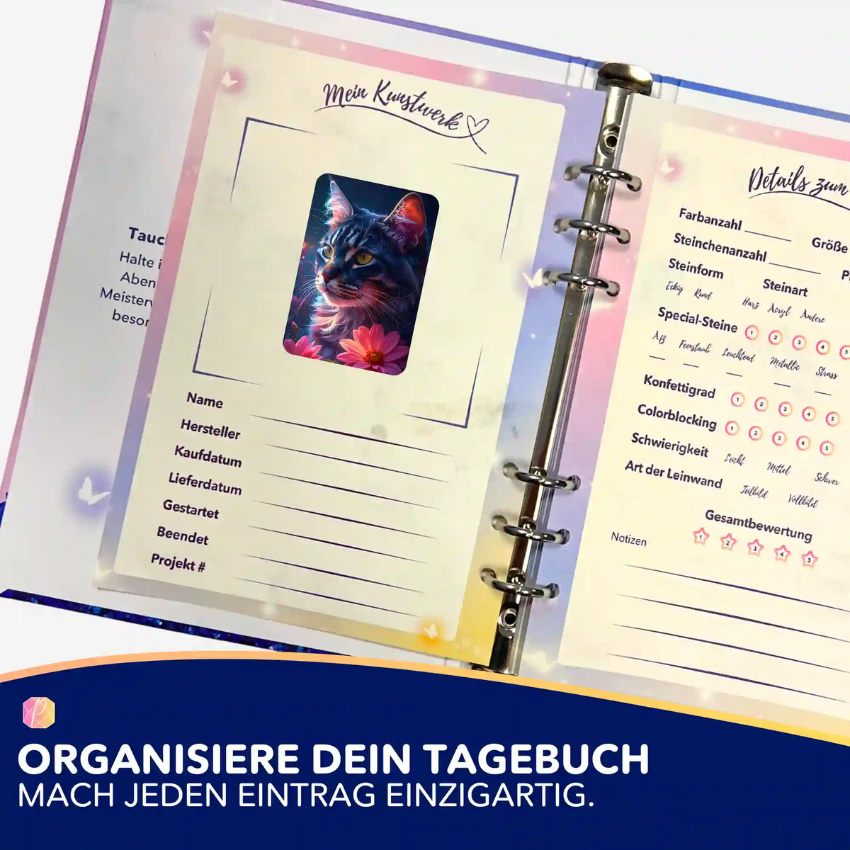 Segen der Bastet Aufkleber in einem Diamond Painting Tagebuch zur Organisation von DIY-Kunstwerken und Malen nach Zahlen.