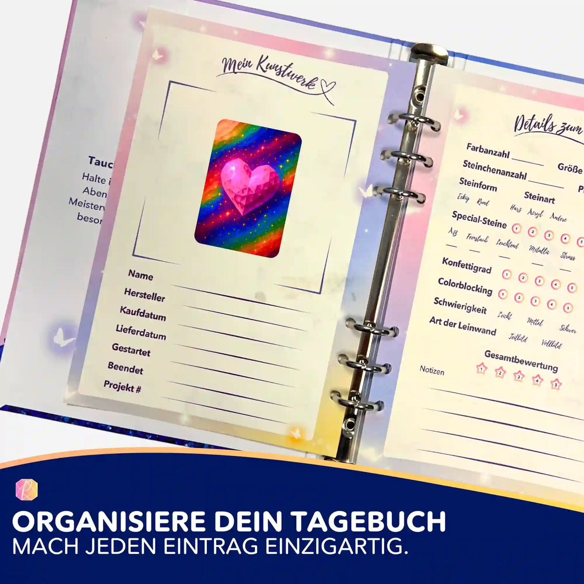Diamond Painting Tagebuch Sticker von Herzkristall Motiv zur Organisation von DIY Bastelsets und Projektdetails